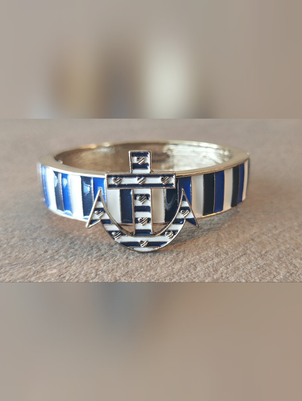 Vintage Betsey Johnson Blue White Stripe Enamel Anchors Away Hinged Bracelet